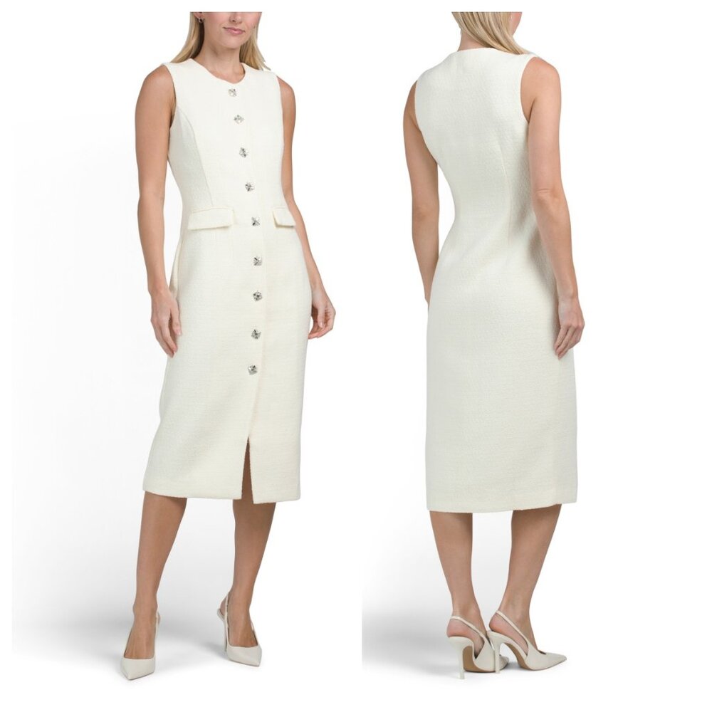 Endless Rose Sleeveless Tweed Midi Dress With Rhinestone Buttons